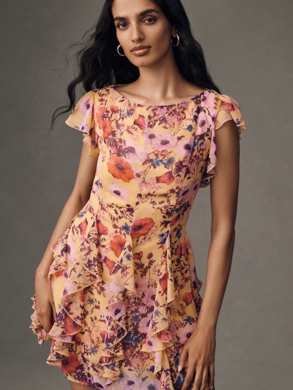 BHLDN Yellow Floral Ruffle Mini Dress with Pink & Orange Blooms